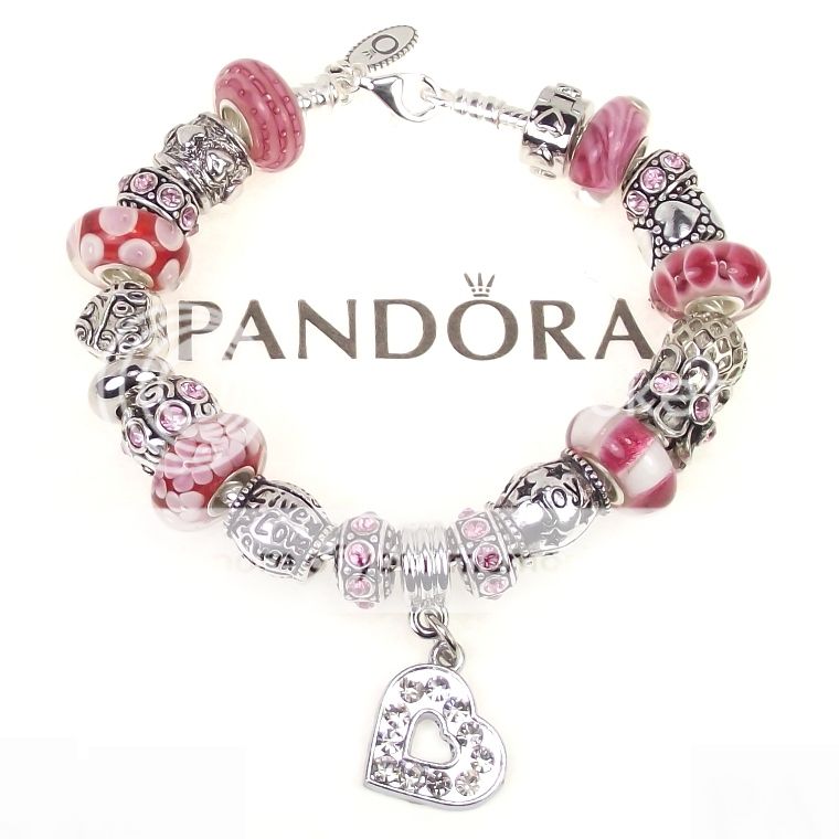 Authentic Pandora Bracelet Pink Red Heart Live Love Laugh Joy Charm 