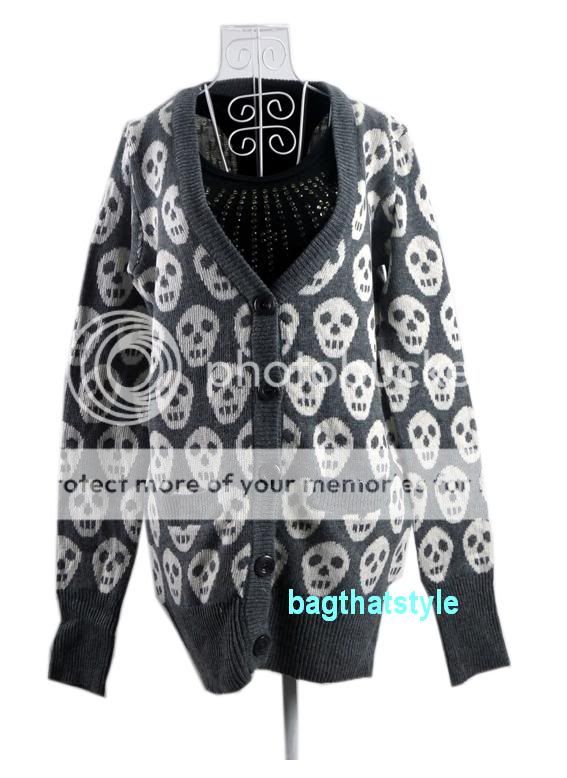 Boyfriend Chunky Retro Skull Elbow Patch Sweater knitwear Cardigan /UK 